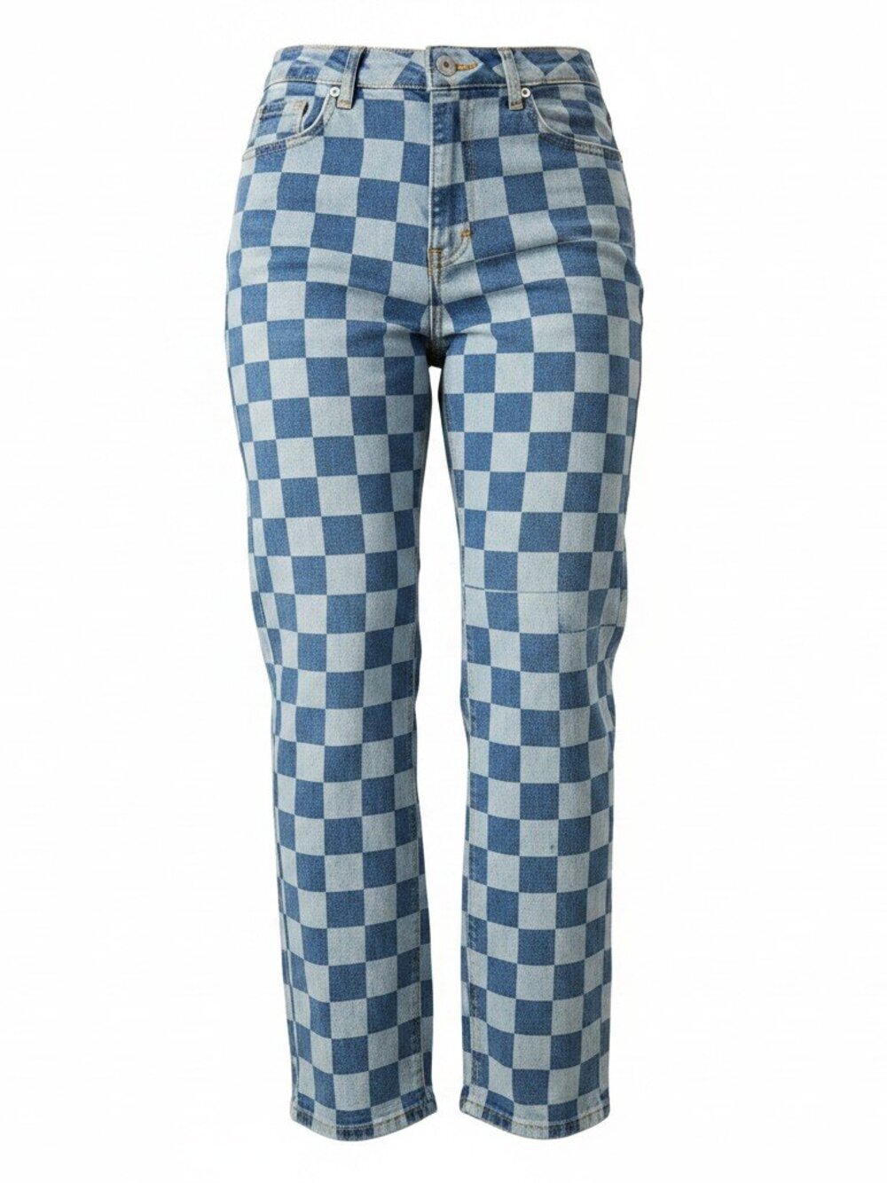 Forever 21 Premium Blue Checkerboard Patchwork 90s Fit Straight Leg Jeans 26